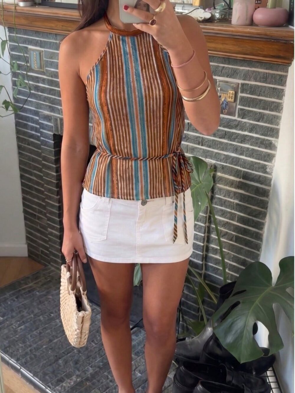 Multicolor Casual Women's Vacation Colorful Striped Halter Neck Tie Front Top